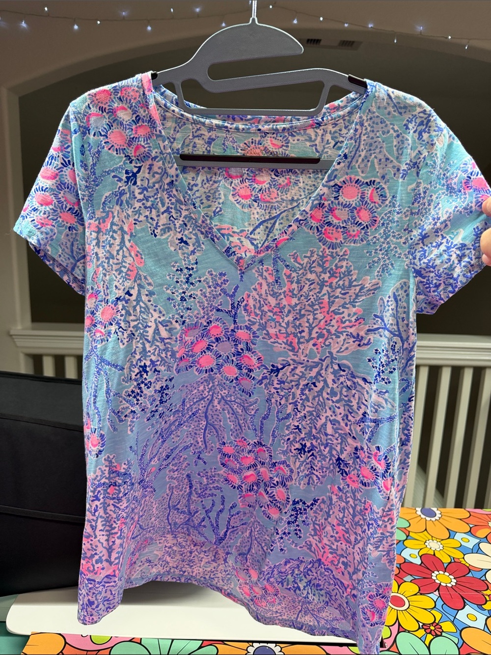 Lilly Pulitzer Blue Tee with Pink & Purple Coral Motif